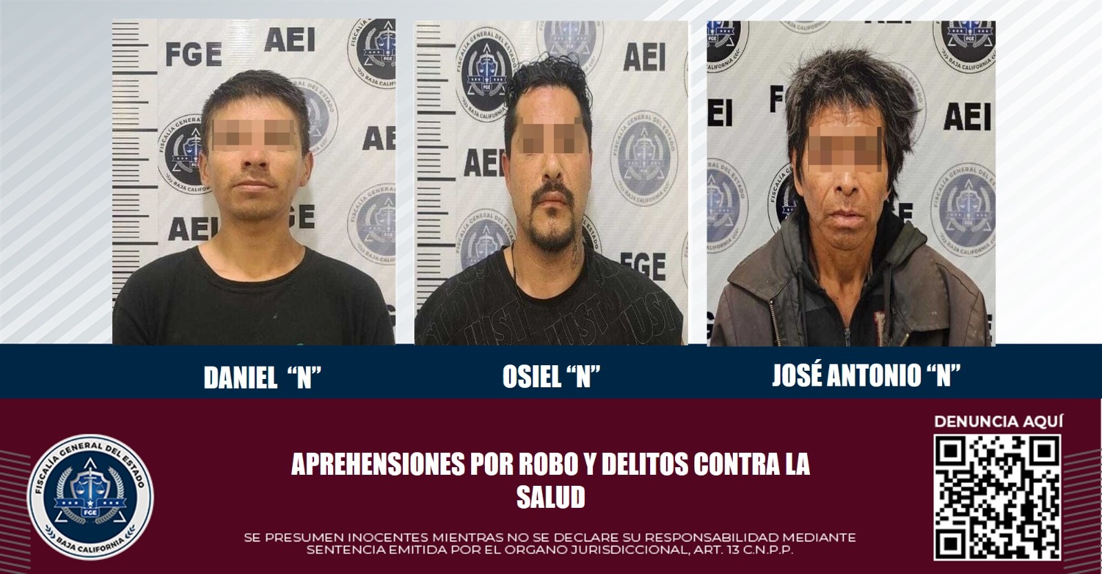 FGE aprehende a 2 sujetos señalados de robo y uno por delitos contra la