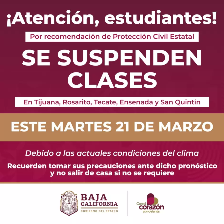 Suspenden clases este martes 21 de marzo en BC por pronstico de lluvias