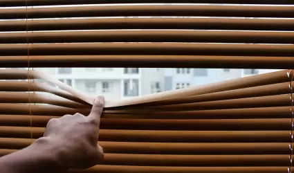 Buscando a trav�s de las persianas venecianas. Ilustraci�n de la gente mirando. 