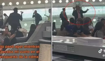 Entre maldiciones y gestos, hombre explota contra la 4T en el AICM.