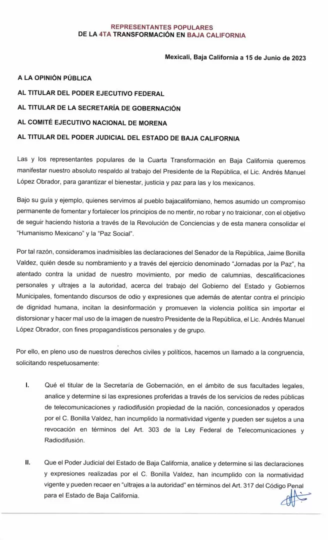 Morenistas de BC piden revisión de concesiones de medios a Jaime Bonilla y considerar revocación, por violar ley y ultraje a la autoridad