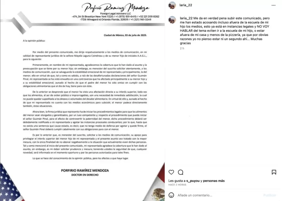 Comunicado emitido por los abogados de Mayela Laguna.