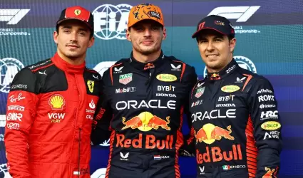 Charles Leclerc. Max Verstappen y "Checo" Prez