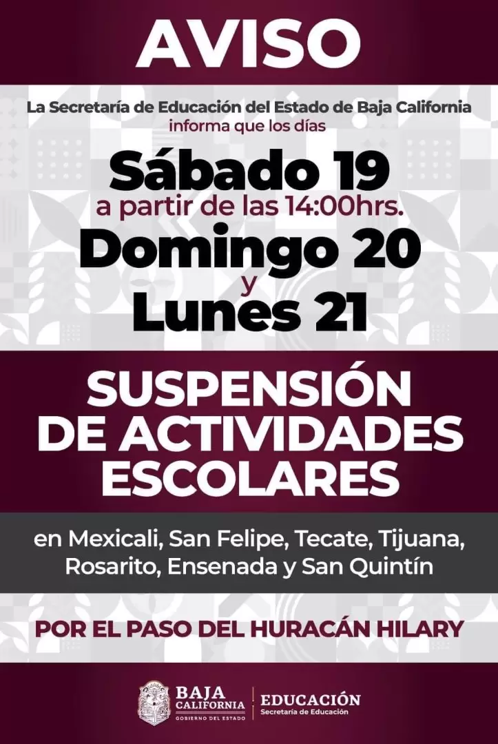 Acuerda Consejo Estatal de PC suspensin de clases el prximo lunes 21 de agosto en Baja California