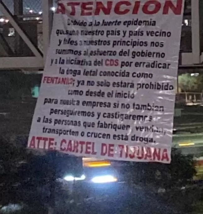 Narco manta contra el fentanilo en Tijuana