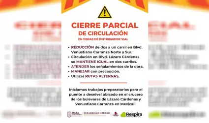 Anuncia SIDURT cierres parciales de circulaci�n en el bulevar Venustiano Carranz