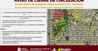 Anuncia SIDURT cierres temporales sobre R�o Nuevo de oriente a poniente hacia Ca