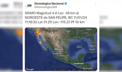Reporta Protecci�n Civil Baja California sismo magnitud 4.0 en San Felipe