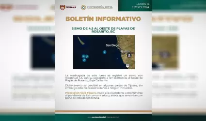 Sismo de 4.5 al oeste de Playas de Rosarito, BC