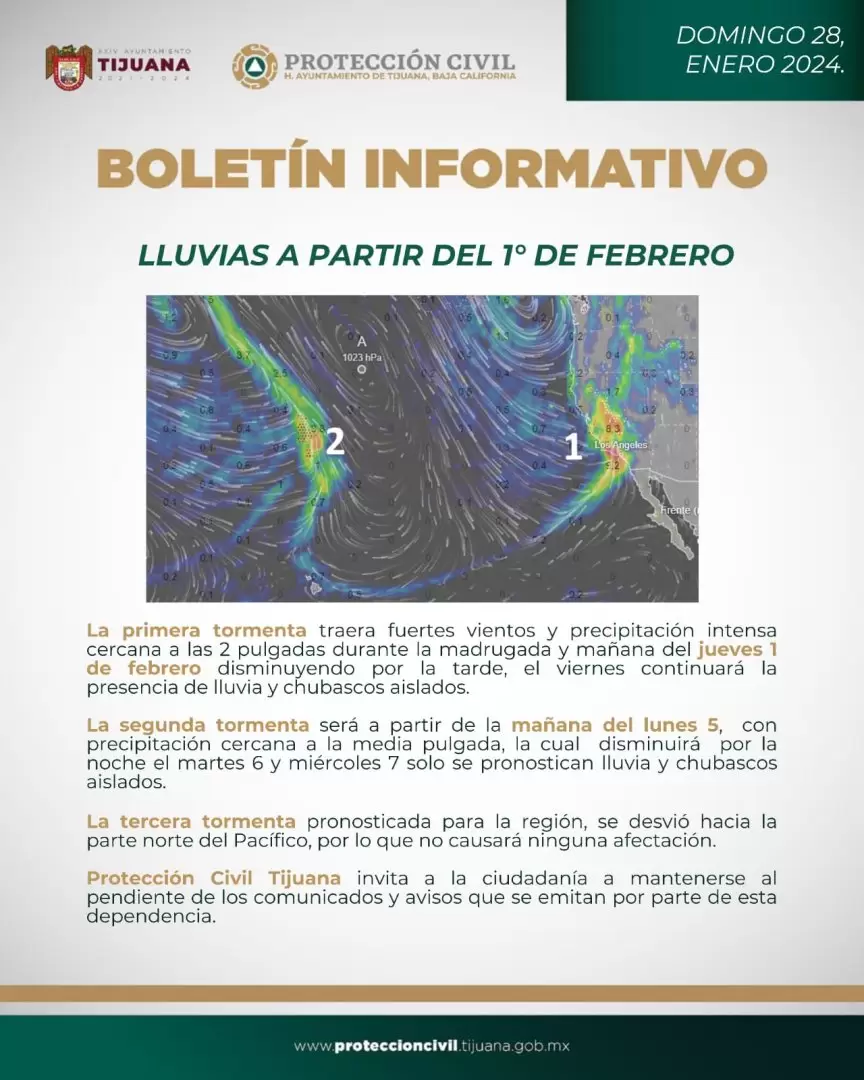 Advierte PC lluvias intensas en Tijuana a partir del 1 de febrero