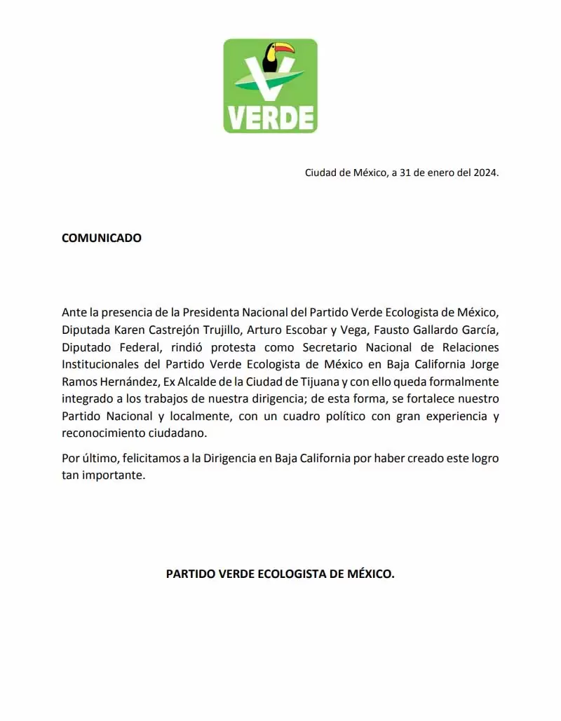 Jorge Ramos asume como Secretario Nacional de Relaciones Institucionales del Partido Verde Ecologista