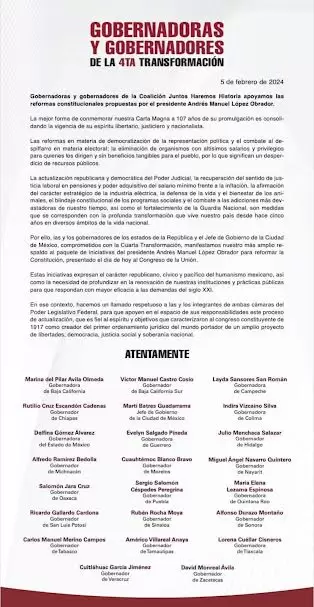 Respaldan gobernadoras y gobernadores de la 4T reformas de AMLO