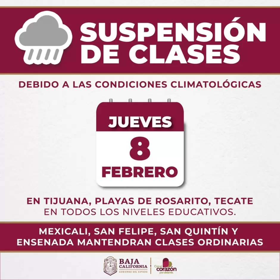 Suspenden clases para este jueves en Tijuana, Rosarito y Tecate