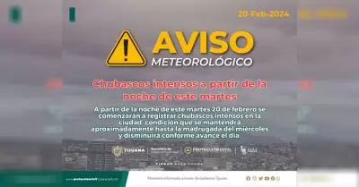 Chubascos intensos en Tijuana a partir de la noche de este martes: PC