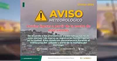 Lluvias ligeras a partir de la noche de este viernes en Tijuana