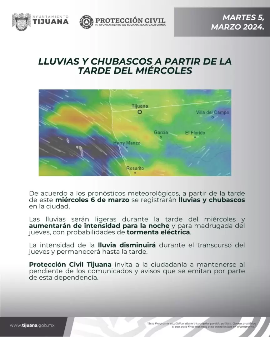 Lluvias y chubascos aislados a partir de la tarde del mircoles