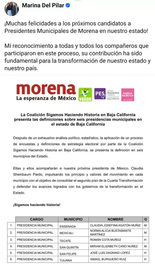 felicitación de gobernadora a candidatos designados en BC por Morena
