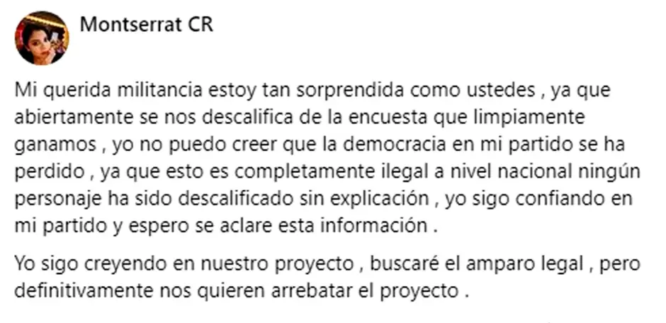 Post Montserrat Caballero contra designación de candidatos a las alcaldías de morena en BC