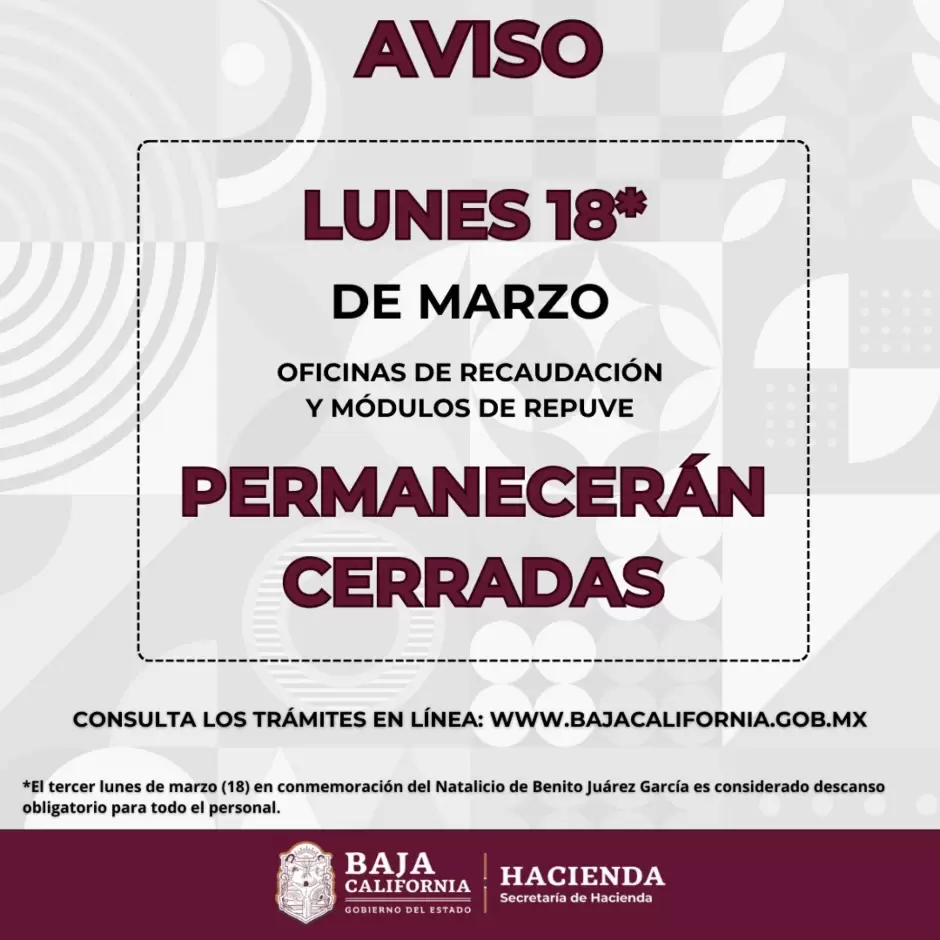 Permanecern cerradas oficinas de recaudacin de rentas y mdulos Repuve el prximo lunes 18 de marzo