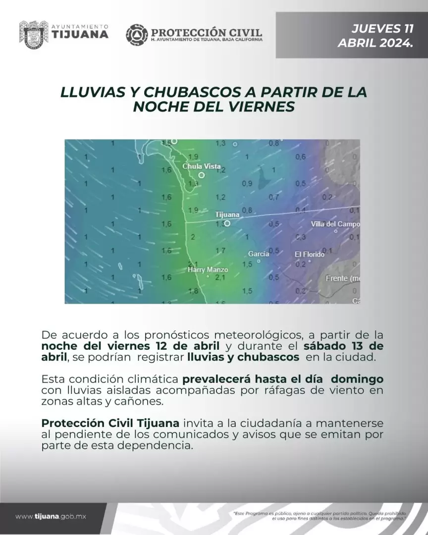 Pronstico de lluvias y chubascos en Tijuana