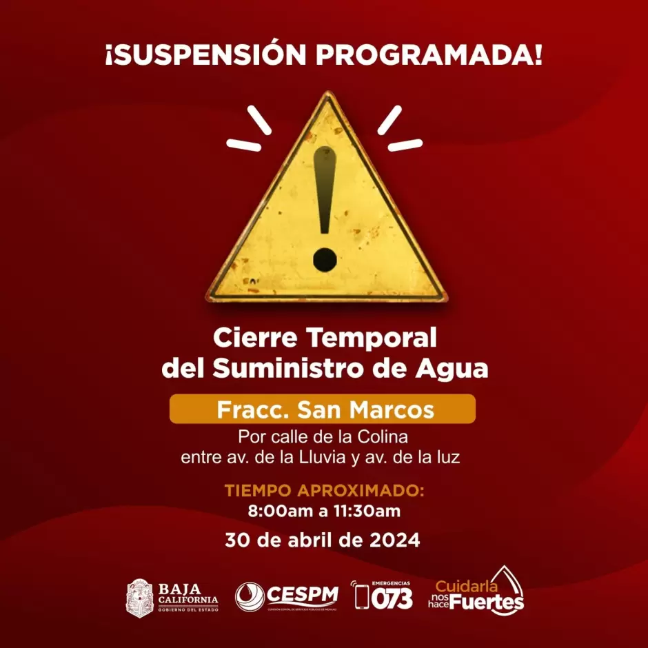 Suspenden temporalmente suministro de agua en la colonia San Marcos