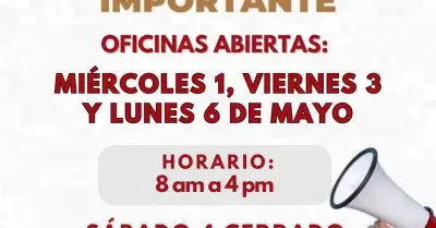 Permanecern abiertas oficinas de Repuve el prximo viernes 3 y lunes 6 de mayo