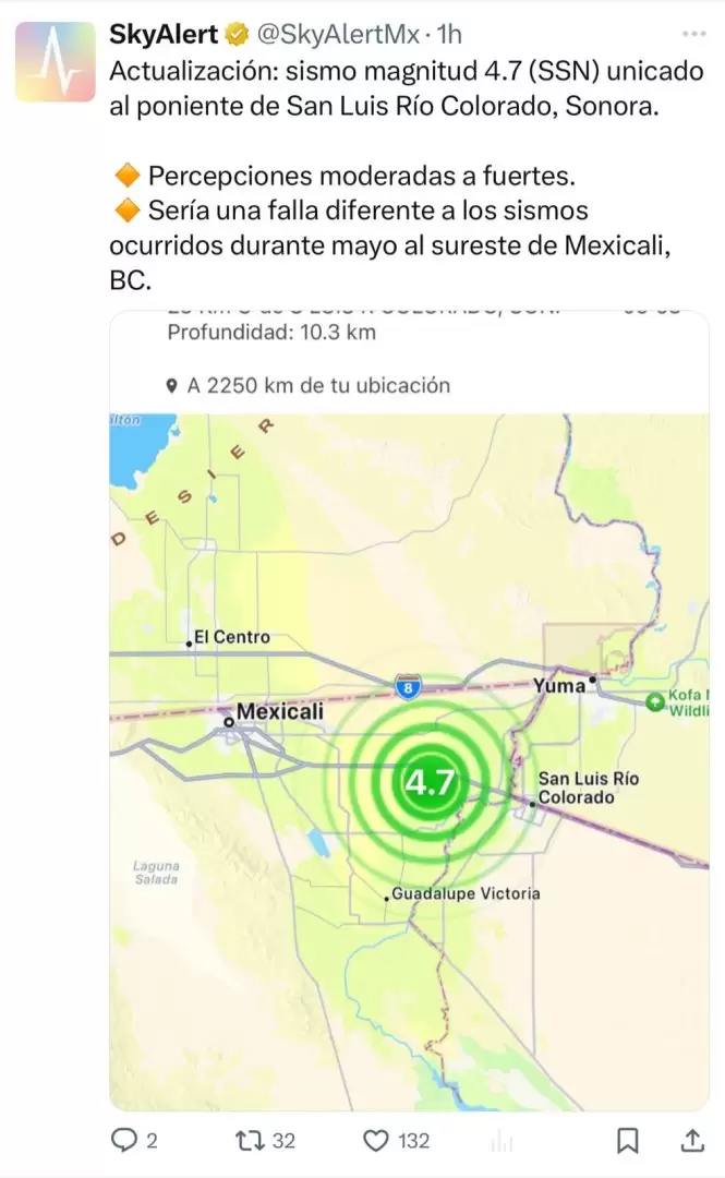 Se registran sismos en Mexicali; dos movimientos principales de magnitud 4.6 y 4.3
