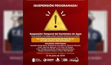 Suspensin programada del suministro de agua en Gonzlez Ortega y colonias aleda