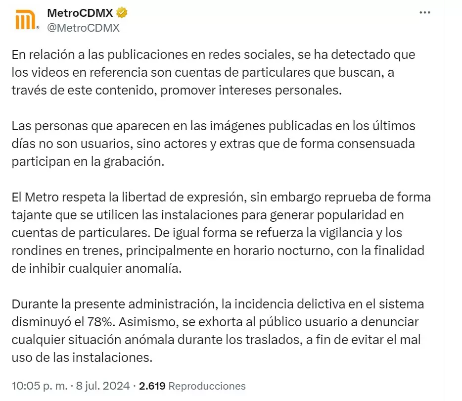 Comunicado del Sistema de Transporte Colectivo Metro de la Ciudad de Mxico