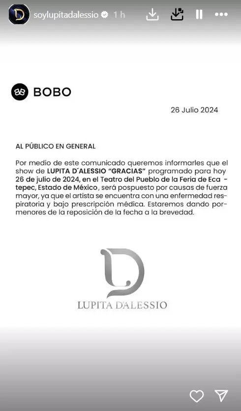 Comunicado Lupita D'Alessio