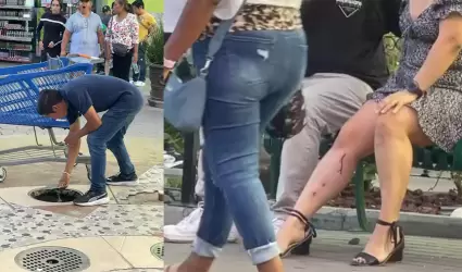 Mujer sufre lesiones menores al caer en alcantarilla mal asegurada en Macroplaza