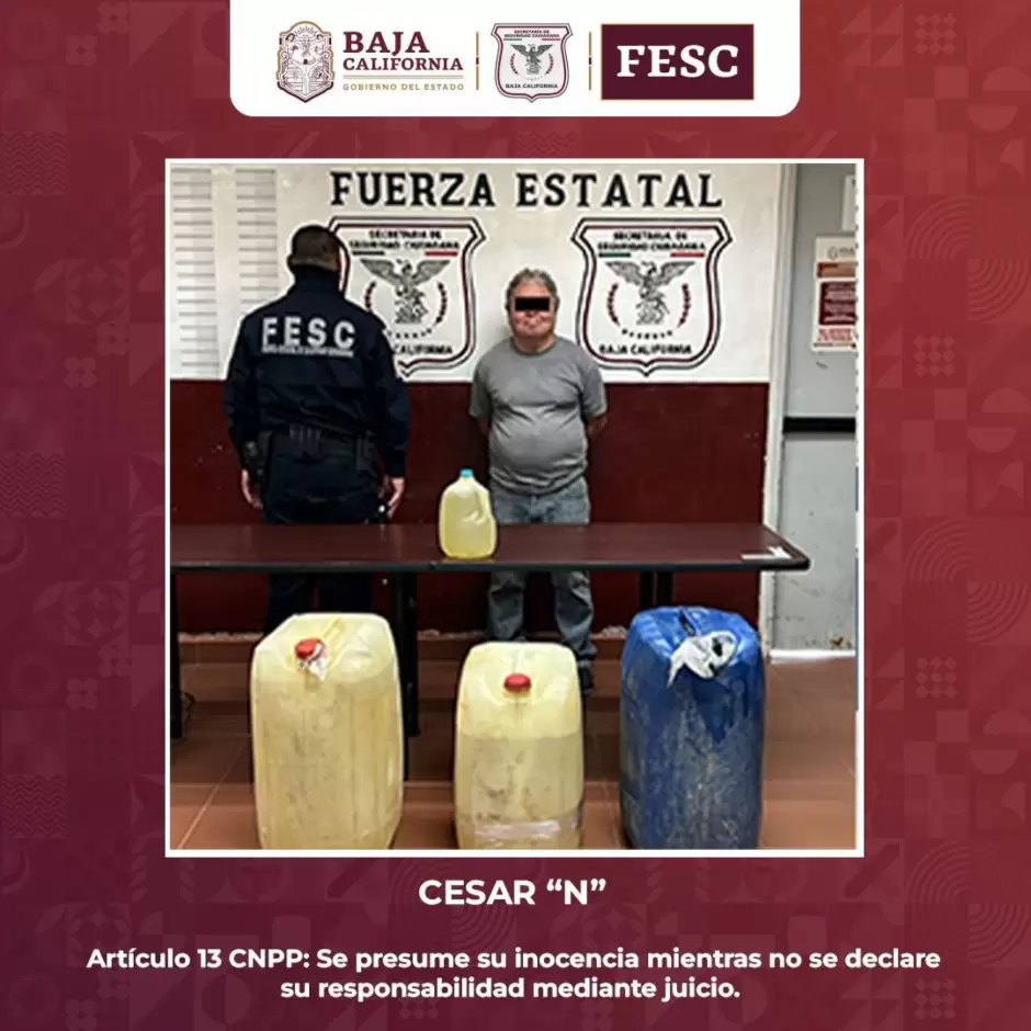 Despliega FESC operativo en Tecate: aseguran "poncha llantas", bidones con gasolina, vehculos robados, armas y droga