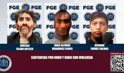 Obtiene FGE tres sentencias contra responsables de robo con violencia y robo a c