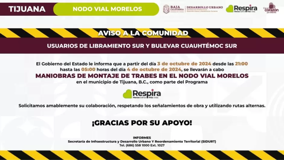 Anuncian cierres por maniobras de montaje en obra del Nodo Morelos en Tijuana