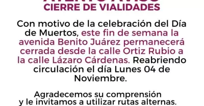 Cierre de vialidades por festividad del Da de Muertos