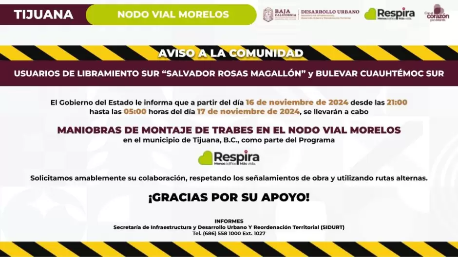 Anuncia SIDURT cierres parciales en Nodo Morelos este sbado en Tijuana