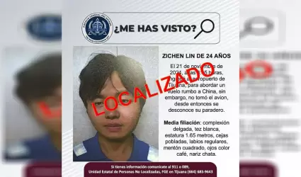 Localizan a Zichen Lin, reportado como desaparecido