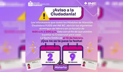 M�dulos del INE BC brindar�n atenci�n los domingos 2 y 9 de febrero