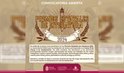 Se extiende el plazo para participar en los Premios Estatales de Literatura