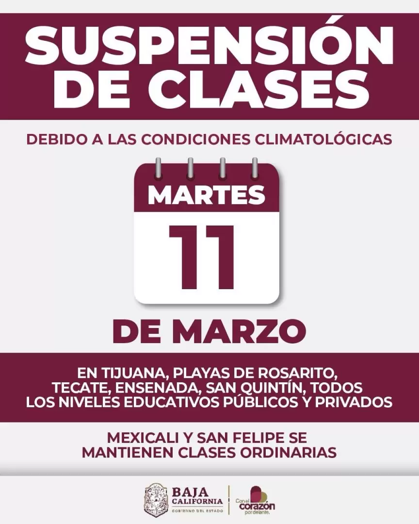 Suspenden clases este martes 11 por condiciones climticas