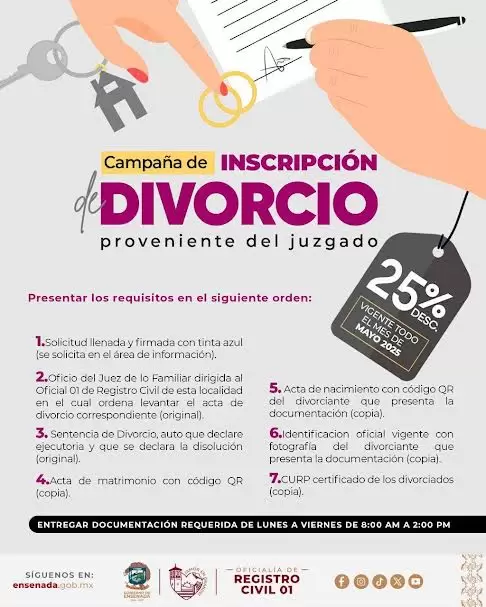 Llama Registro Civil a aprovechar descuento en la inscripcin de divorcio