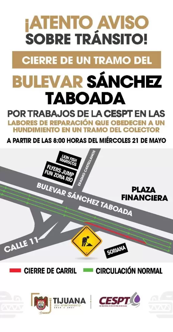 Cierre parcial de un tramo del bulevar Snchez Taboada y Calle 11 por trabajos de la CESPT