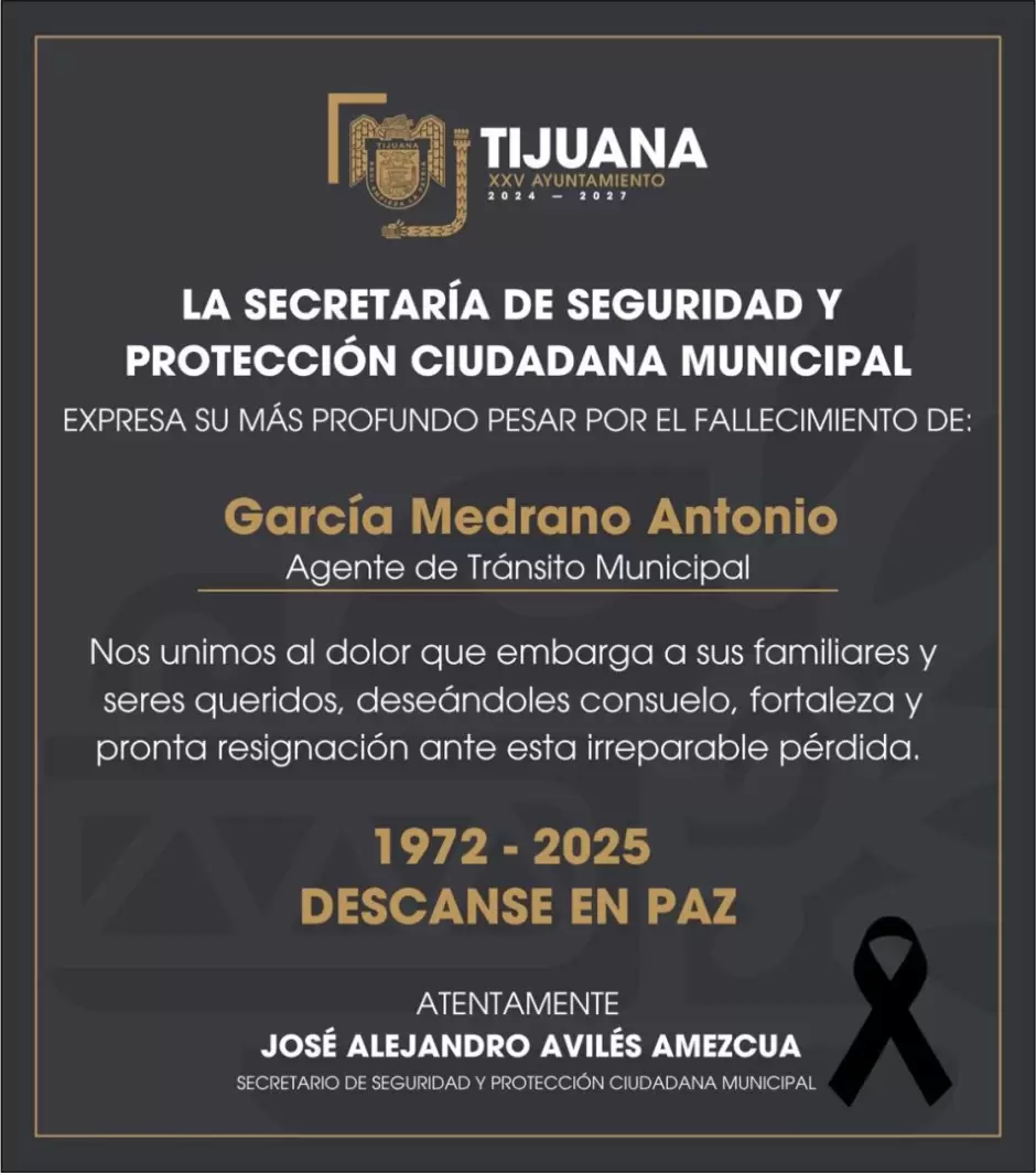 Lamenta SSPCM el sensible fallecimiento del agente de trnsito Antonio Garca Medrano