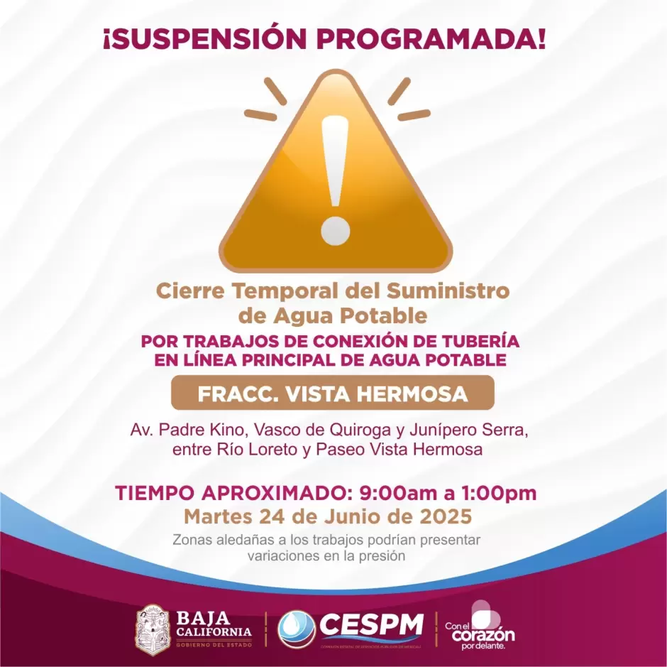 Suspensiones programadas del servicio de agua en Mexicali