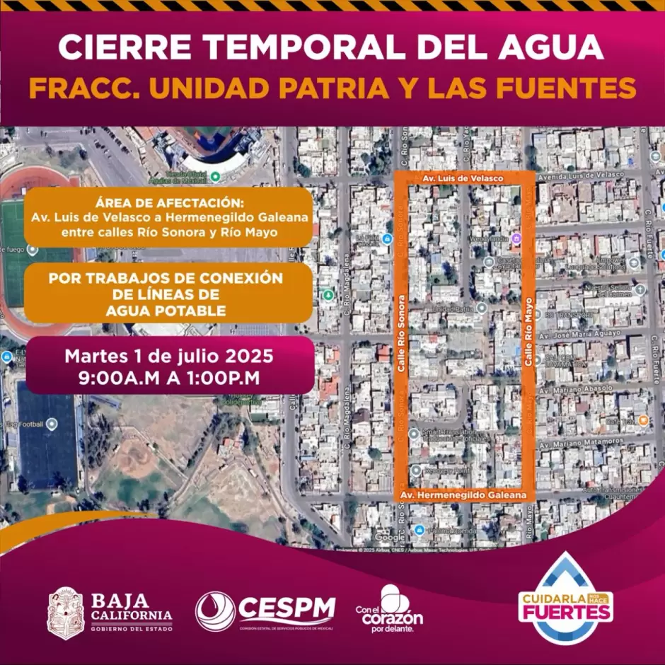 Cierre temporal de agua potable en fraccionamientos Unidad Patria y Las Fuentes