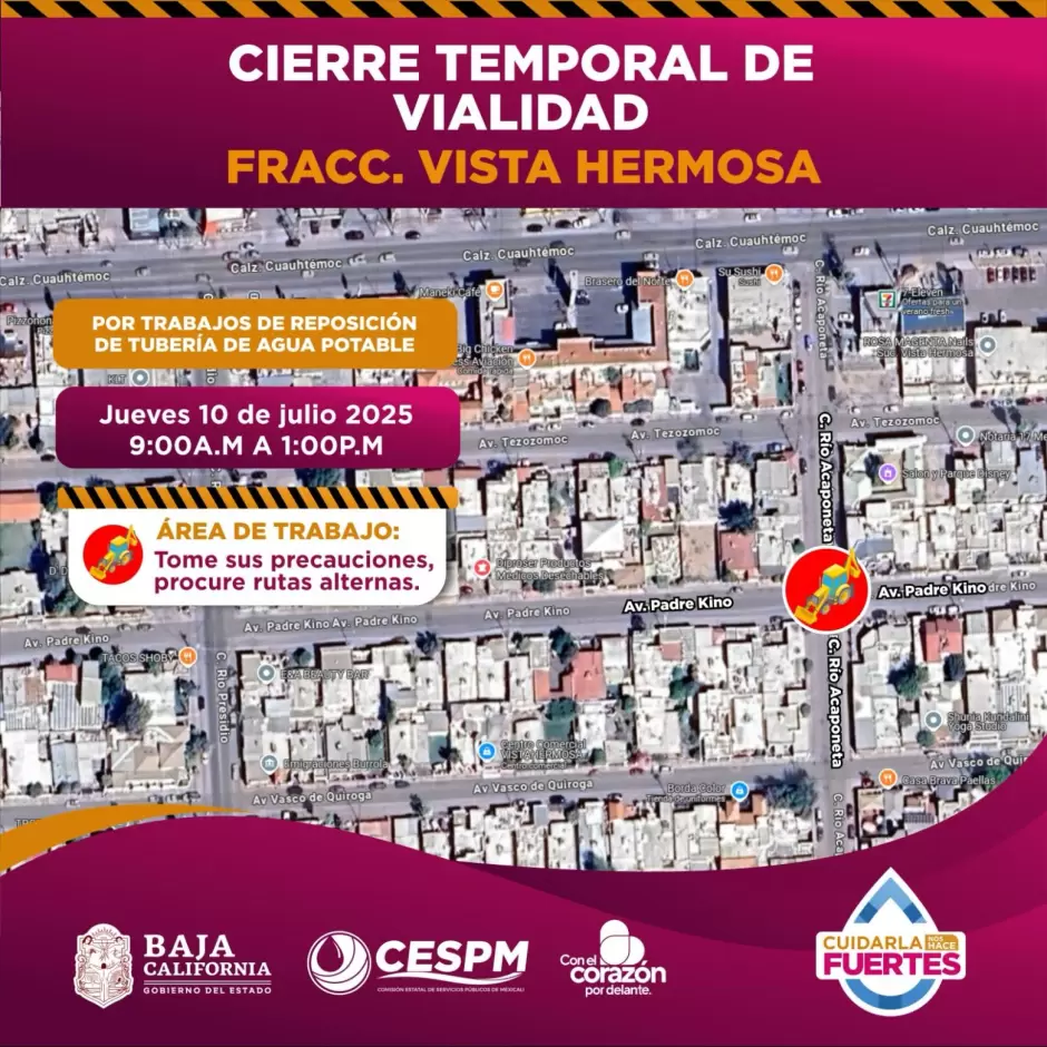 Cierres temporales de agua potable y afectaciones viales en colonias de Mexicali