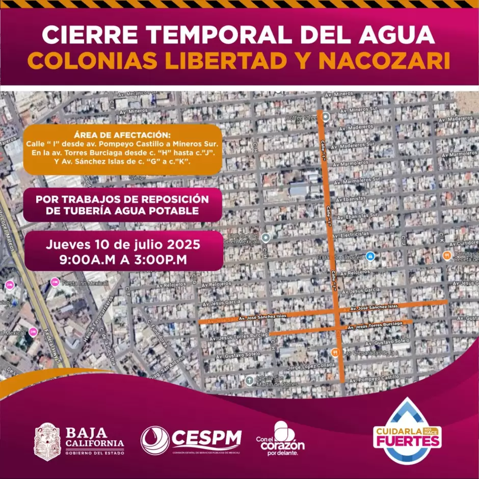 Cierres temporales de agua potable y afectaciones viales en colonias de Mexicali