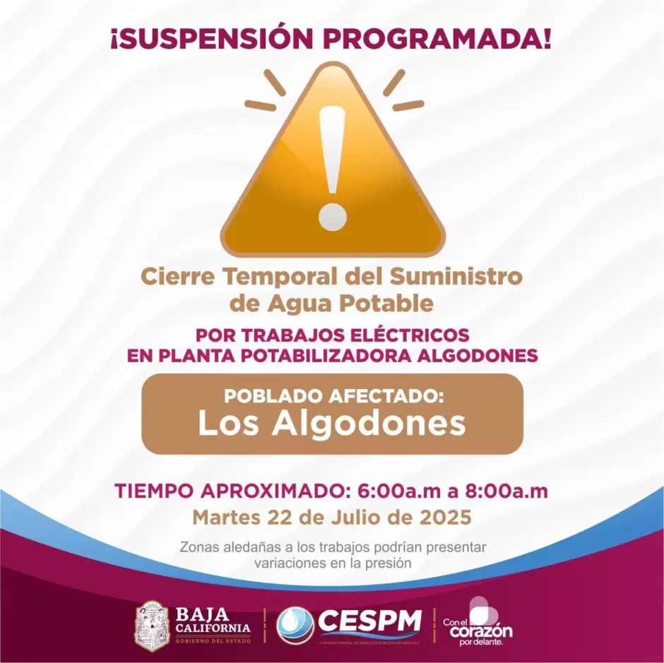 Cierres programados de agua potable en distintas zonas de Mexicali y su valle