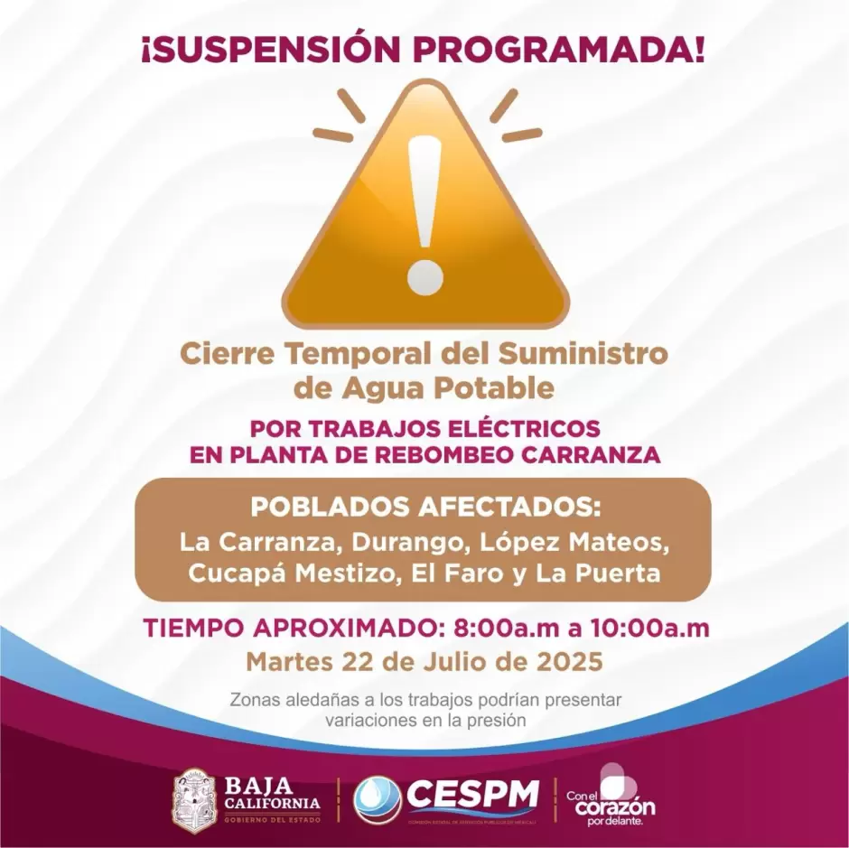 Cierres programados de agua potable en distintas zonas de Mexicali y su valle