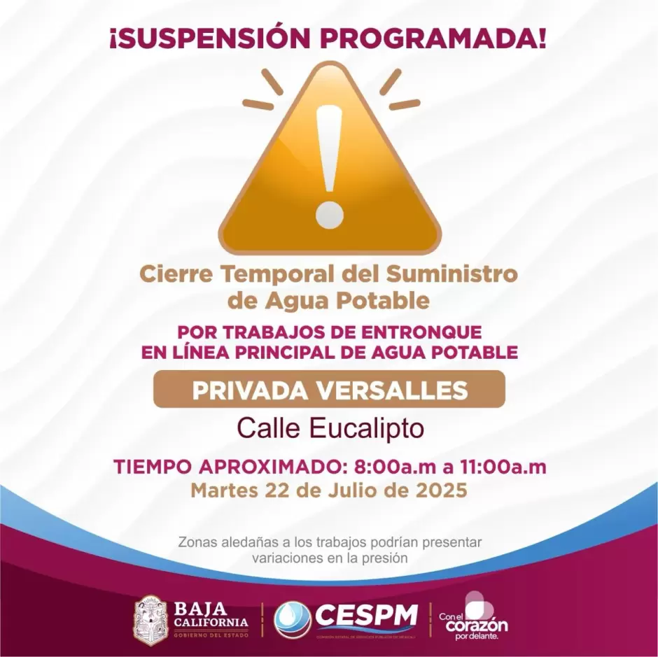 Cierres programados de agua potable en distintas zonas de Mexicali y su valle